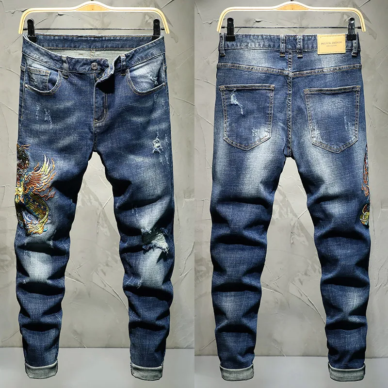 Chinese Style Embroidery Jeans Men's High Street Design Sense Embroidered Slim Fit Pu Shuai Scratch Retro Street Long Skinny Pan