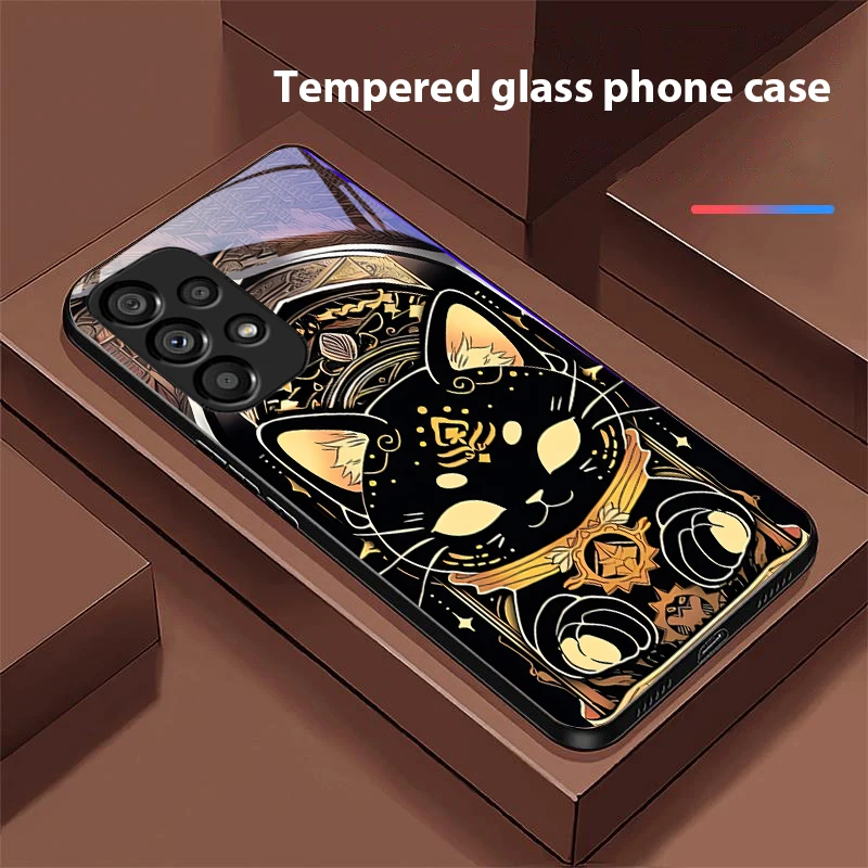Black Gold Cat Design Tempered Glass Phone Case with Hard Shell