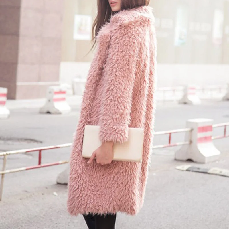  Autumn and Winter New Fashion Women's Pure Color Woolen Coat Women's Lapel Loose Dark Button Plush Mid-length Woolen Coat