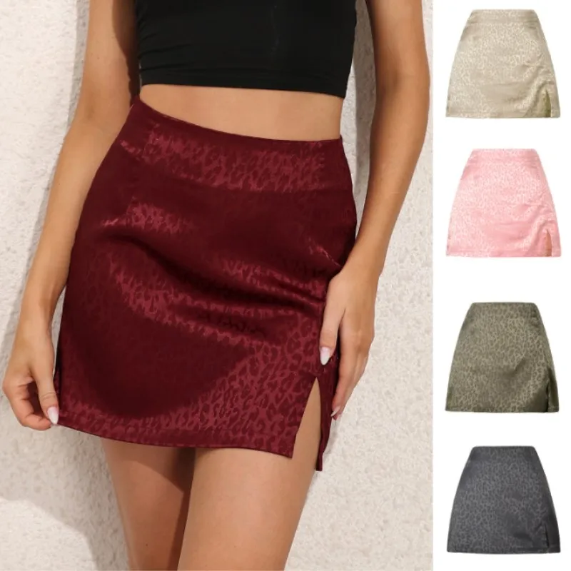 midi skirt 2021 Summer Leopard High Waist Split Skirt Sexy Jacquard Satin Zipper Skirt European  American Women's Wear Girl Pink skater skirt