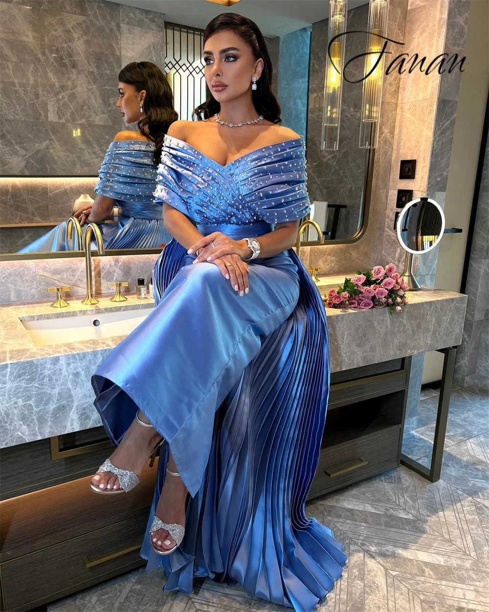 

Off the Shoulder Pleat Prom Gown Solid Color Ankle-Length Straight Satin Sweep Train Evening Party Dress فساتين للحفلات الراقصة