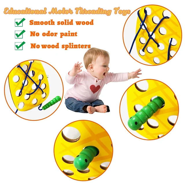 Wooden Lacing Toy Educational Fruits Threading Activity Puzzles Learning Fine Motor Skill Car Travel Toy Set for Toddlers Kids 3
