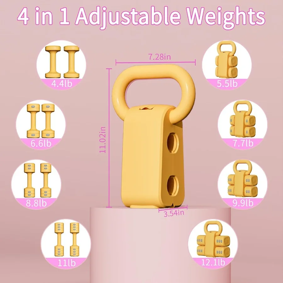 Adjustable Kettlebell Set, 4-in-1 Free Weight Kettlebell sets (5.5lbs 7.7lbs 9.9lbs 12.1lbs) for women, Weight Dumbbell Set of 2