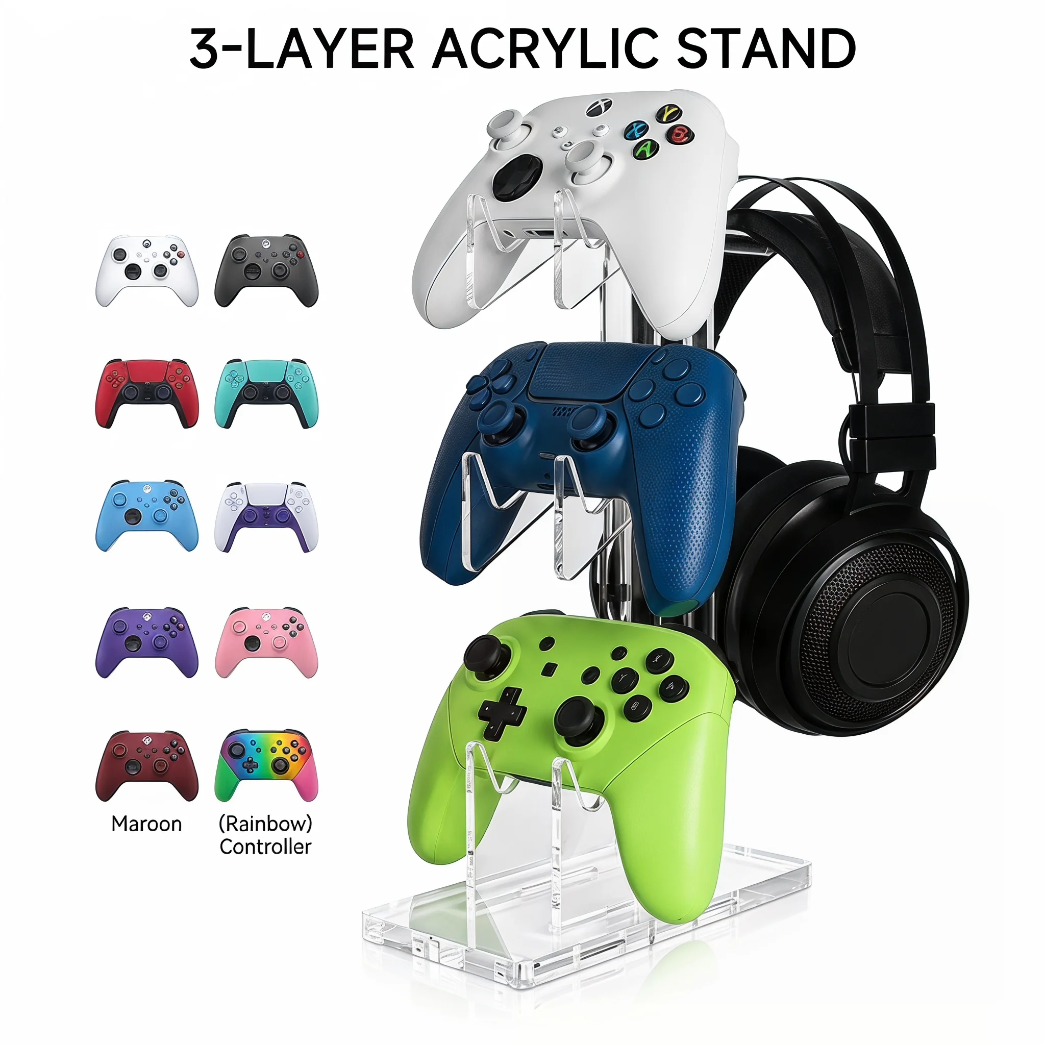 3단 아크릴 스탠드 게임 컨트롤러 및 헤드폰 디스플레이 홀더 (플레이스테이션 5, 4, 3, 2, PS5, PS4, PS3, 스위치 프로, Xbox 컨트롤러용)