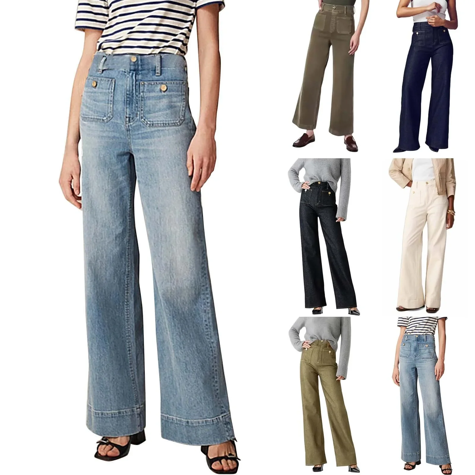 Women Pants Sailor Wide Leg Trouser Jeans Autumn High-Stretch With Pockets Wide Legs Denim Pants Women's Denim Jeans & Clothing
