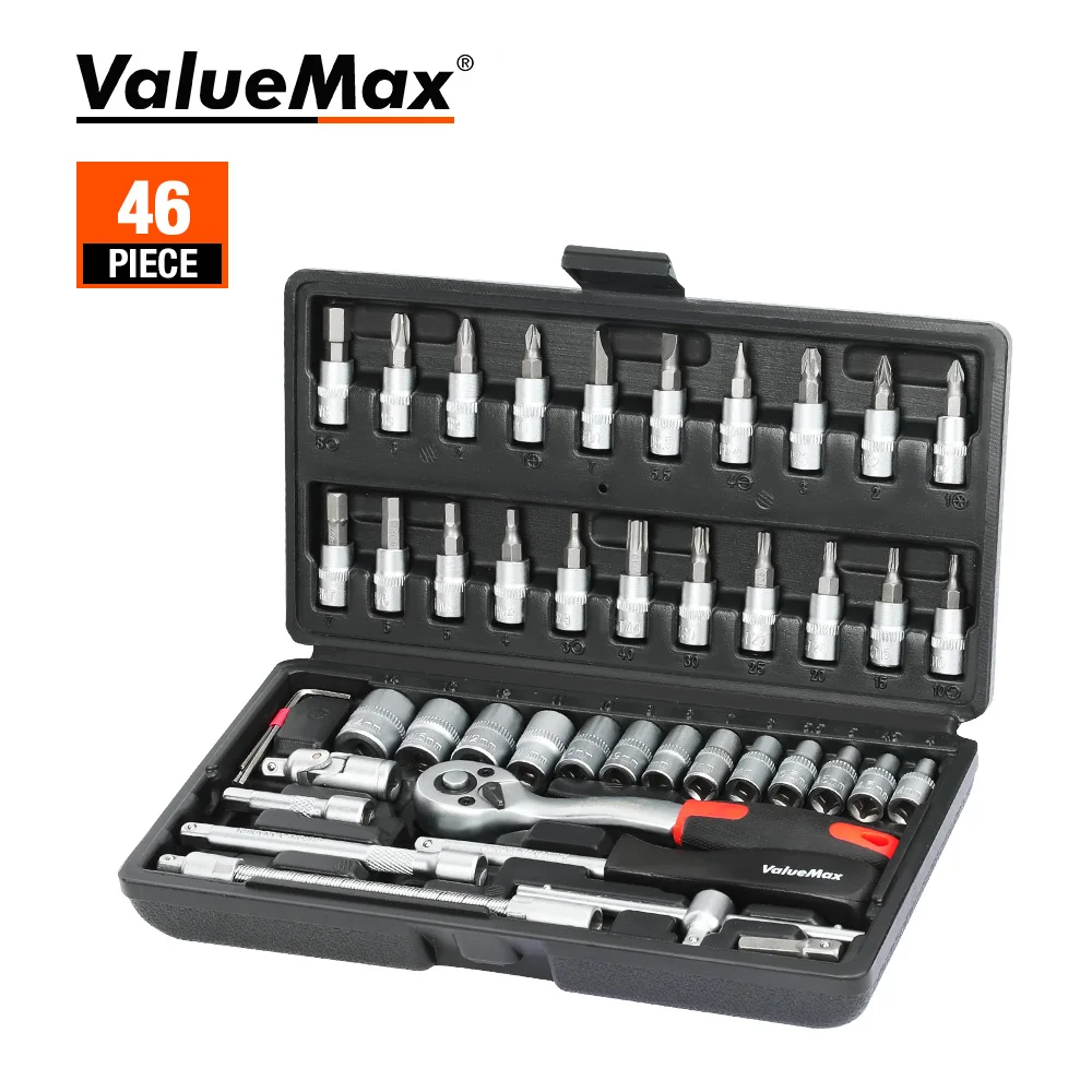 ValueMax 46pc Car Repair Tool Kit 1/4"Socket Wrench Set Repair Tools Box for Home Ratchet Screwdriver Bits