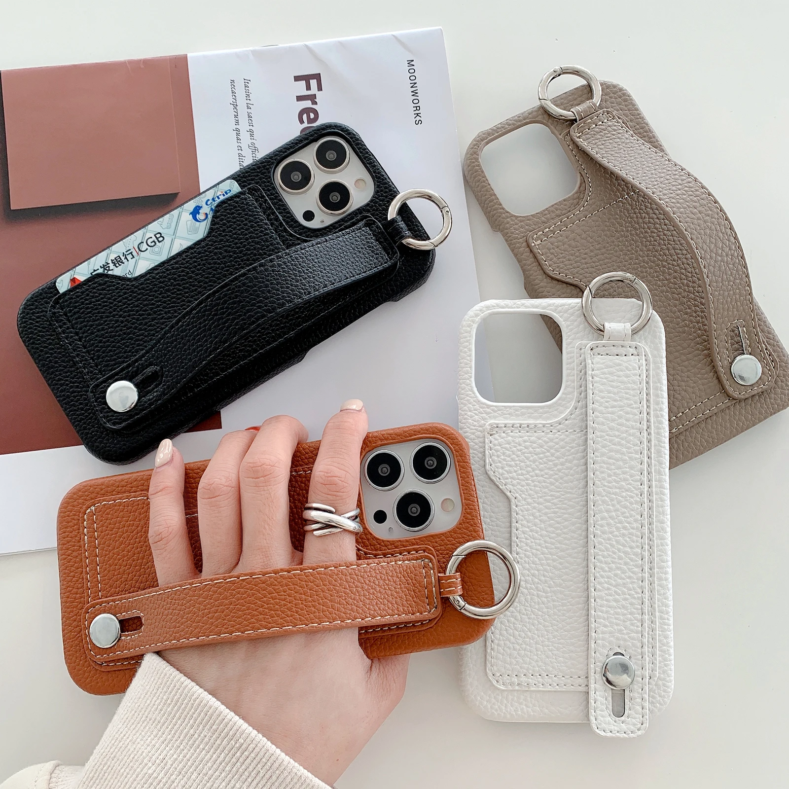 

Shockproof Litchi Leather Wrist Strap Card Holder Wallet Case for iPhone 15 Pro Max 14 13 12 11 XR X, Hand Strap Kickstand Cover