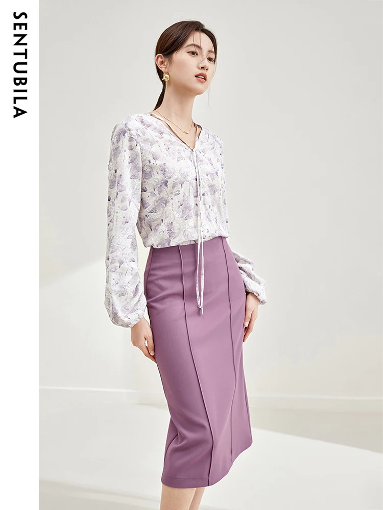 

SENTUBILA Women's Elegant Printed Chiffon Blouse Skirt Sets for Women 2023 Autumn Lacing V-Neck Long Sleeve Tops Solid Skirts