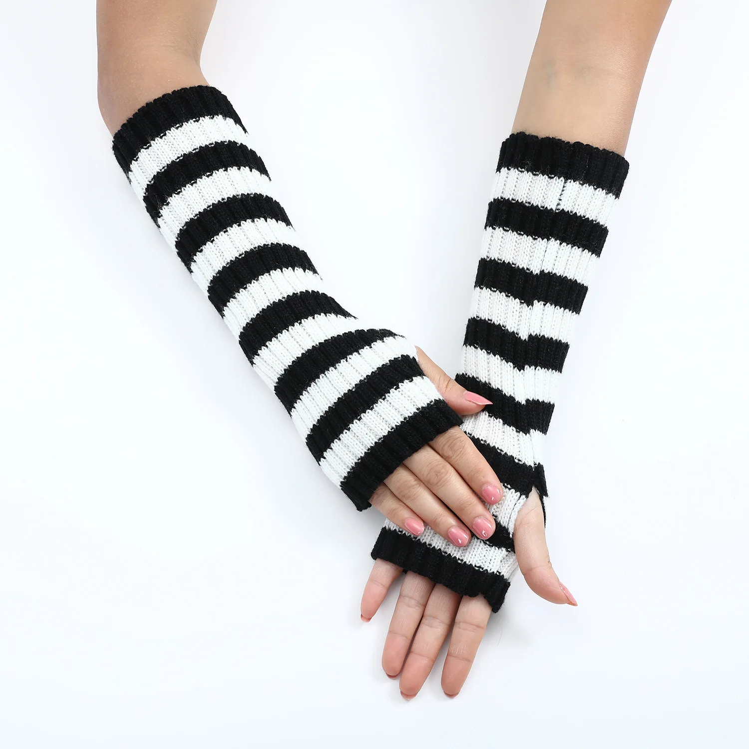 

1Pair Fashion Striped Gloves Women Autumn Winter Warmer Arm Sleeve Elbow Wrist Support Cuff Y2K Knitted Long Fingerless Mittens