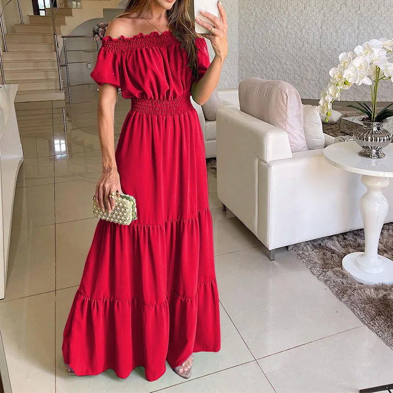 Robe Longue Plissée Rouge à Lacets pour Femme, Tenue Sexy et Élégante, à Volants et Col Bateau, Idéale pour ixsur la Plage et Vacances, à la Mode, Été 10