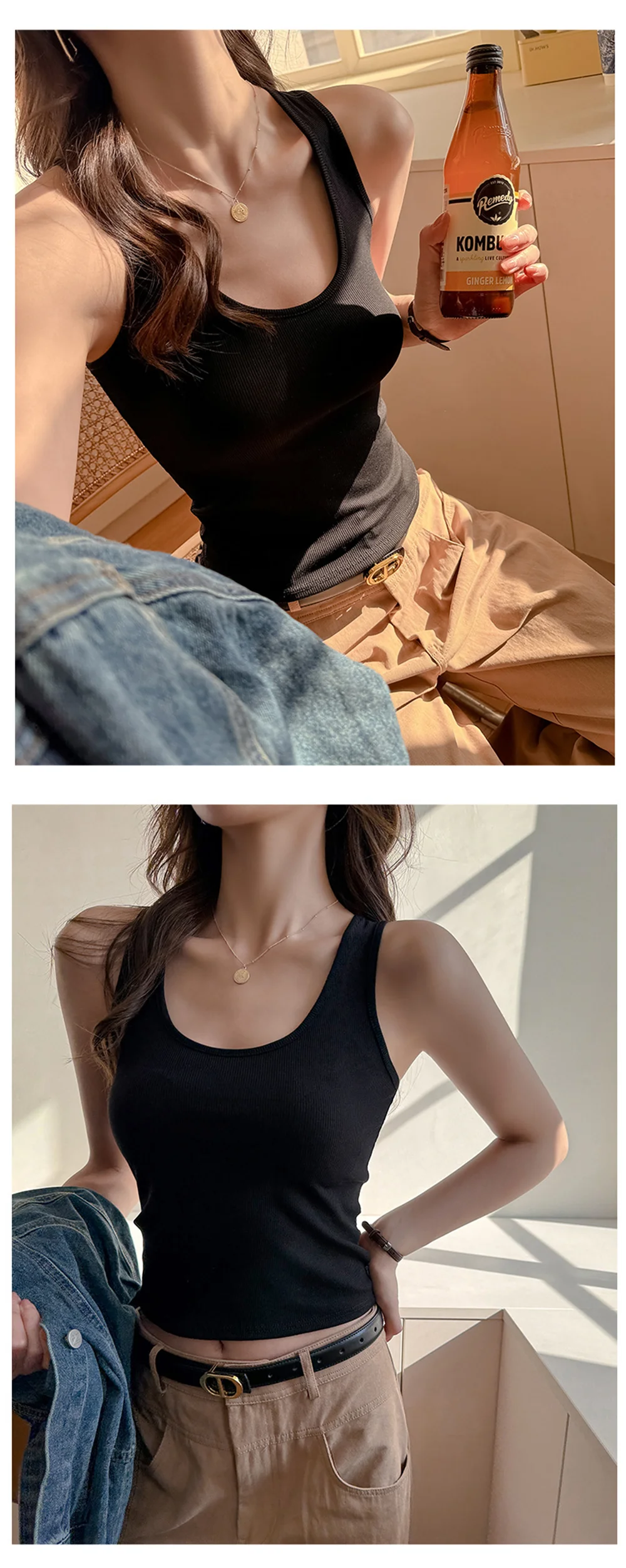 Damen Einfarbiges Spitzen-Top im Koreanischen Stil, Sommerliches Trendiges Baumwoll-Unterhemd, Ärmelloses Camisole mit U-Ausschnitt, Bequemes Damen-Tanktop – Detail 8