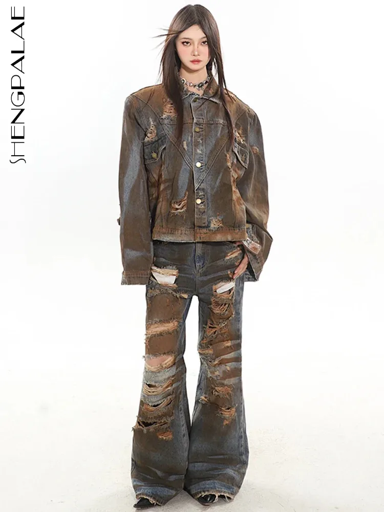 

SHENGPALAE Vintage Women's Denim Two Pieces Sets Broken Hole Tassel Lapel Short Coat Spring 2024 New Chic Wide Leg Jeans 5R8752