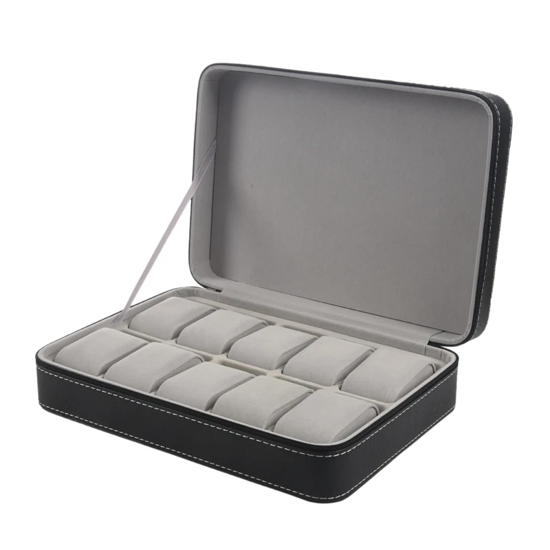 Portable Watch Box Organizer PU Leather Casket with Zipper Classic Style 10 Grids Multi-Functional Bracelet Display Case Watch Storage Box Watch Storage Bag