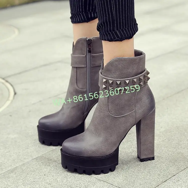 

Grey Leather Platforms Studs High Top Block Heels Combats Military Boots Modest Tan Street Wear Rivet Ankle Boots for Women