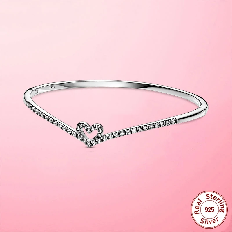 

2022 New Female Bracelet 925 Silver Sparkling Wishbone Heart Bangle Bracelets for Women Fashion Jewelry Gift Pulseira Zircon