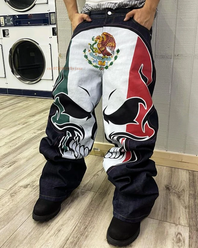 Tide Y2k Jeans Men Women Skull Elements Personalized Straight Pants American Street Style Ins Loose Casual Blue Denim Pants
