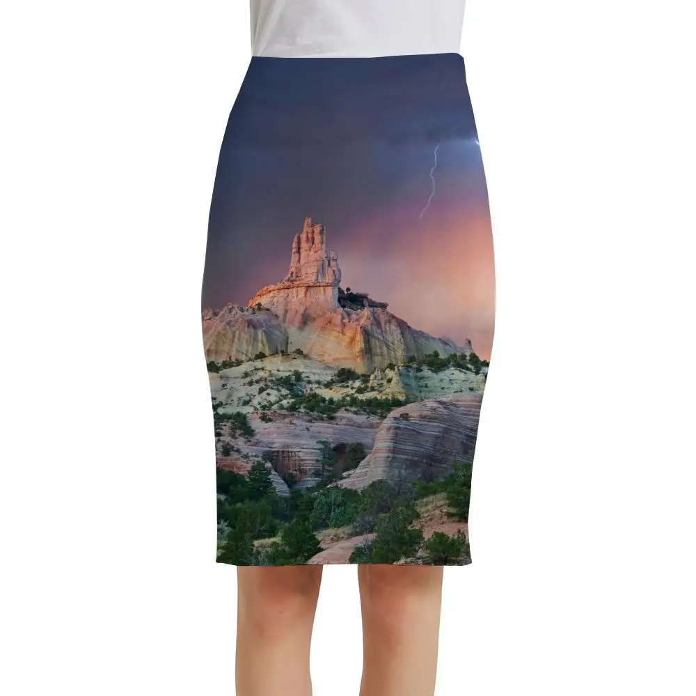 

KYKU Landscape Skirts Women Rock Office Lightning Sundresses Harajuku Pencil Sexy Ladies Skirts Womens Floral Cool Party