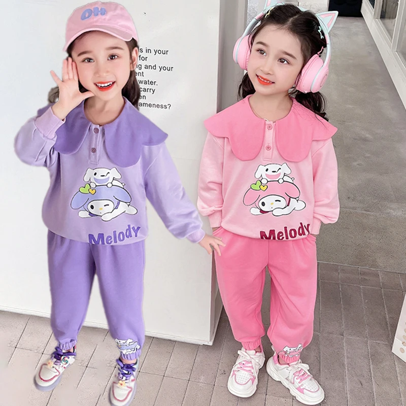 Sanrios My Melody Doll Collar Hoodie Suit 2 Piece Set Anime Autumn Winter Sportswear Keep Warm New Style Versatile Kids Girl Hot