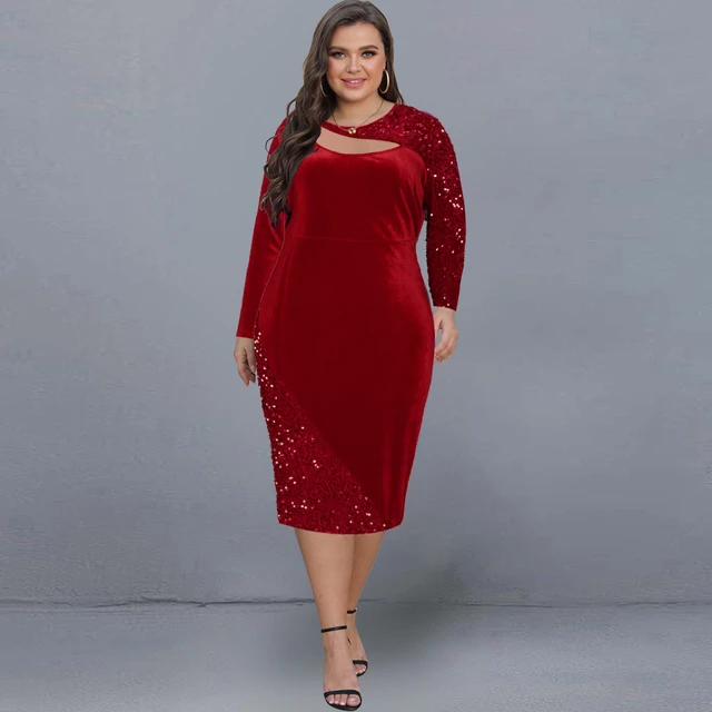 فستان سهرة أحمر حريمي مقاس كبير 4XL 5XL للسيدات بأكمام طويلة فساتين متوسطة  أنيقة فستان حفلات نادي ترتر - AliExpress