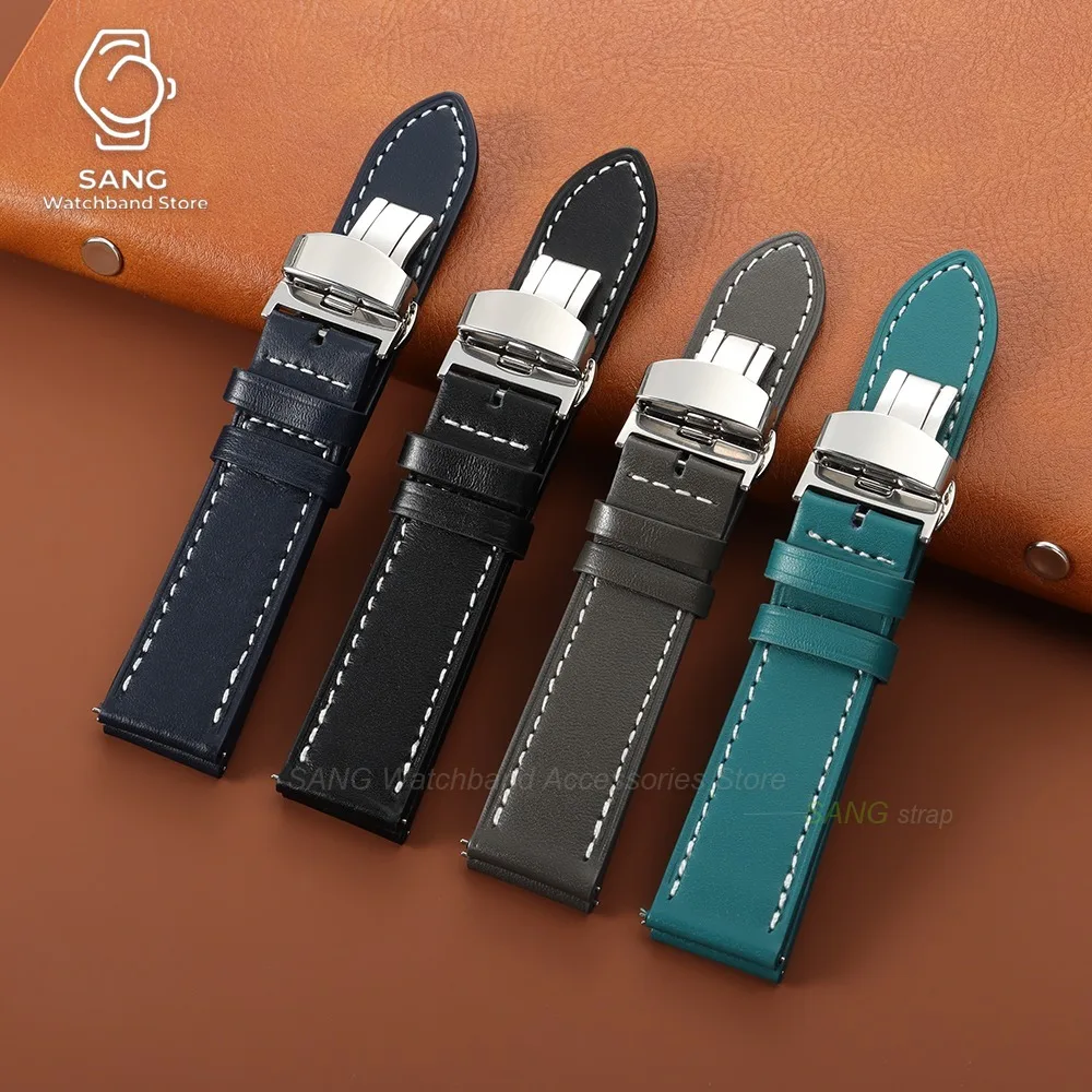 Vintage Stitching Cowhide Leather Watch Band with Quick Release Bracelet