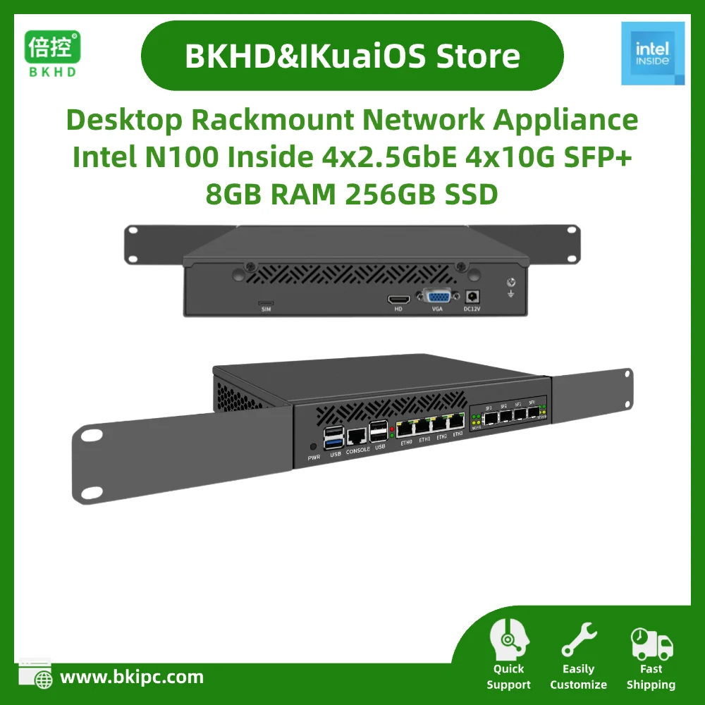 Intel N100 Desktop Rackmount Network Device With 4xRJ45 2.5GbE 4x10Gb SFP+ 8GB RAM 256GB SSD BKHD-OTS-1264N4L-4S for Firewall