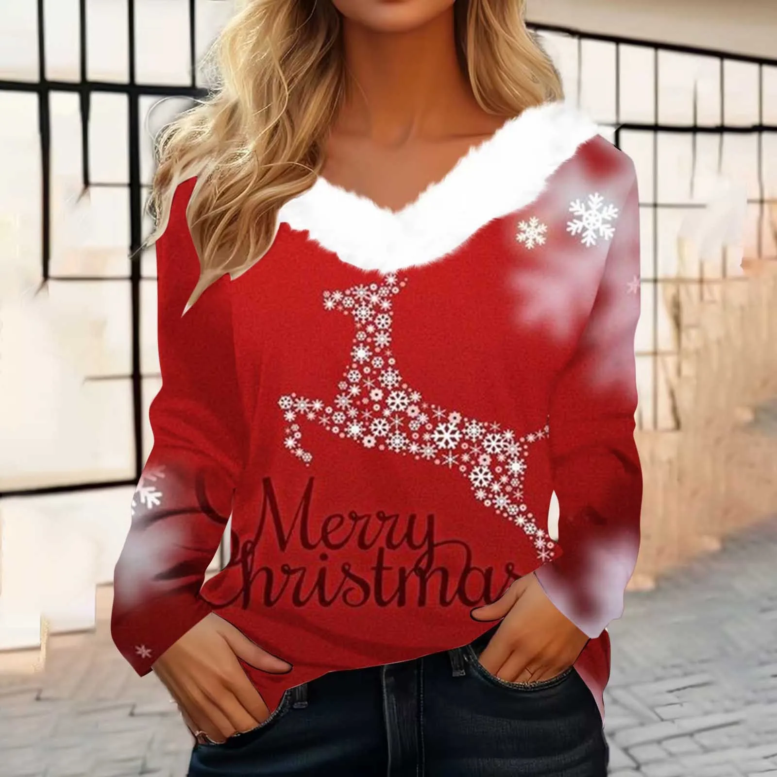 Fur Collar Christmas Women Long Sleeves T-Shirt Cartoon Elk Print Imitation Cotton T Shirt Lady Sweatshirt Fashion Pullover