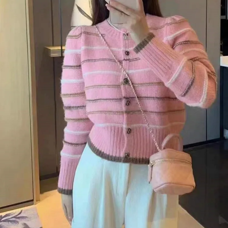 

Retro Women Long Sleeve Contrasting Stripes Sweater Cardigan Autumn Winter O-neck Knitted Cardigans Y2k Sweaters Sueter Mujer