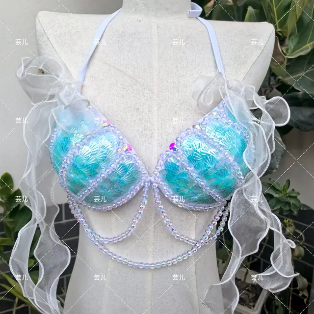 Bikini Mermaid Role Play Bra Aquarium Beach Corset Sequin Triangle Lace Up Bra Mermaid Performance Bra 2