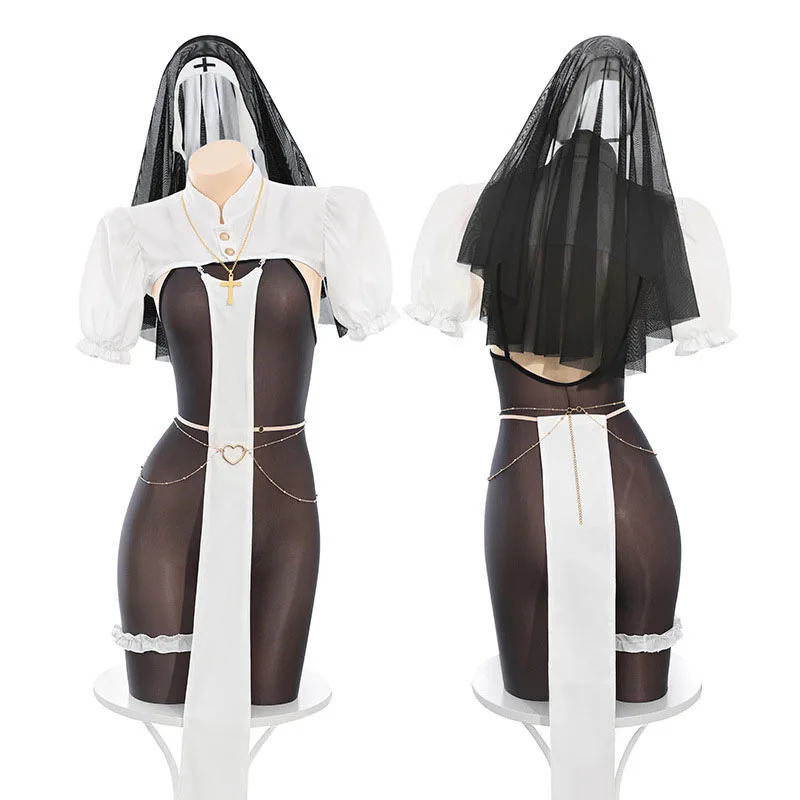 

Anime Girl Taboo Nun Cosplay Uniform Temperament Outfits Women Sexy Open Perspective Exposed Back Bodysuit Maid Black Uniform