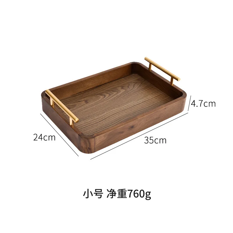 Natural Solid Wood Round Gold Tray Metal Handle Meal Tray