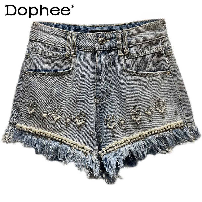 

2023 Summer Fashion Style Short Pants Pearl Beaded Design Raw Edge Distressed Hot Girl Denim Shorts For Women Streetwear Pants