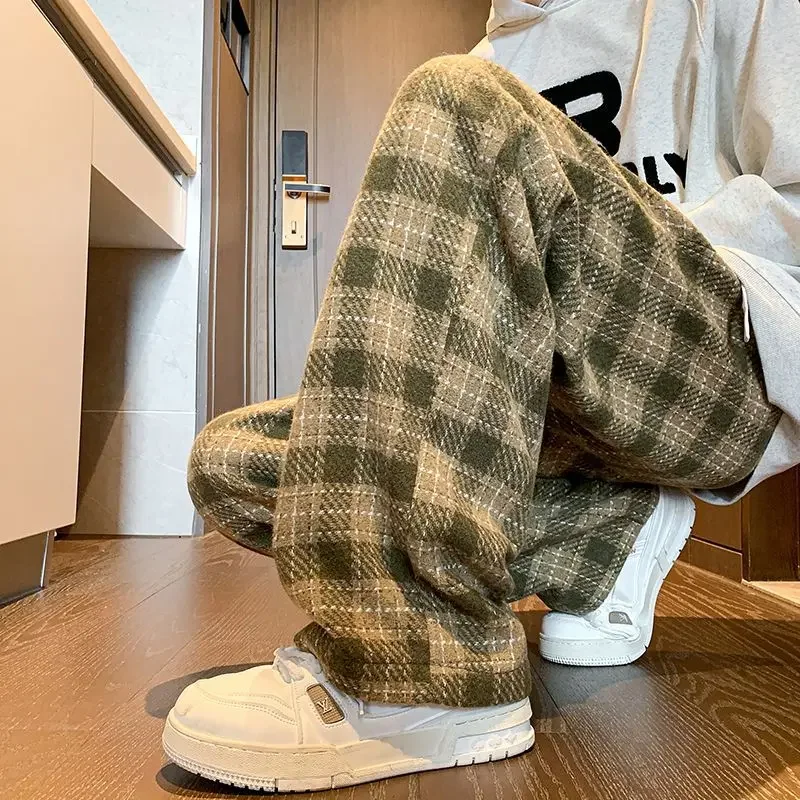 Men Green Plaid Wide Leg Trousers Harajuku Winter Oversize Big Size Casual Sweatpants 8XL