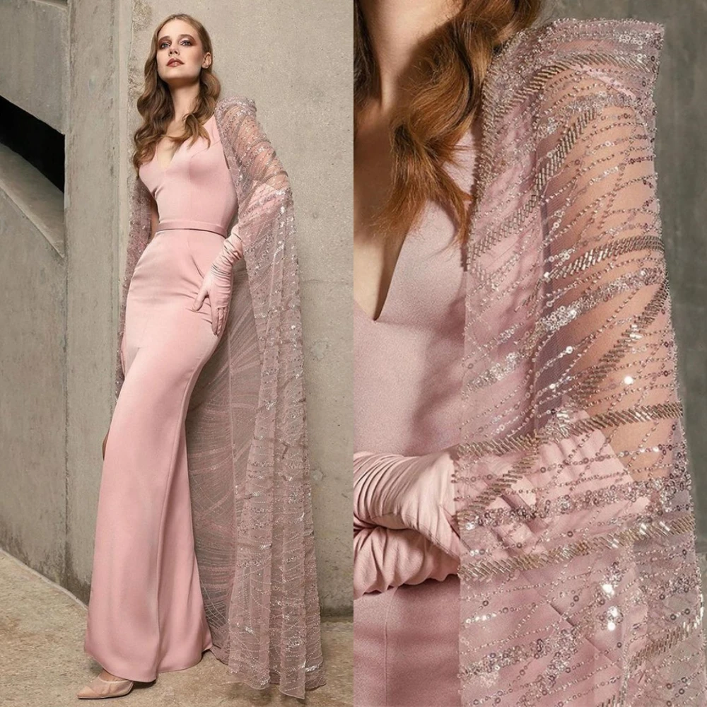 

Prom Dresses with Slit Fashion V Neck Sheath Party Dress Floor Length Sequin Beading Stole Taffeta Formal Evening Gowns Summer