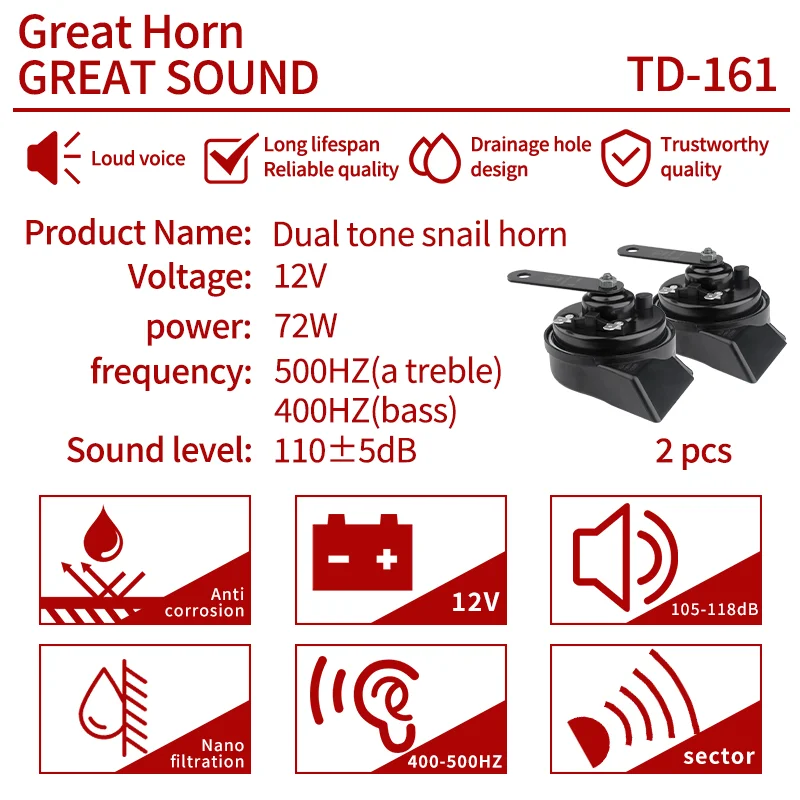 2PCS Trumpet Horn 12V Automotive General 410/510Hz Car Horn Waterproof Auto Snail Whistle Bass Speakers Dual Tone Speaker