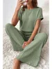 Simple Style Rib Knit Long Pants Suit Women Casual Short Sleeve T-shirt & Loose Trousers 2 Piece Sets Summer Autumn Women Set 5