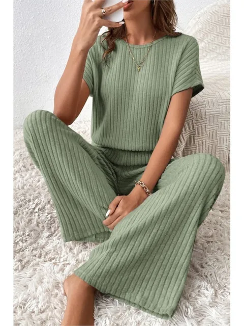 Simple Style Rib Knit Long Pants Suit Women Casual Short Sleeve T-shirt & Loose Trousers 2 Piece Sets Summer Autumn Women Set 5