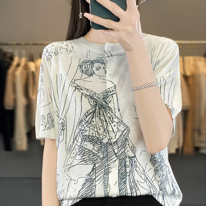 

Spring and Summer Wool Cardigan Short-sleeved T-shirt Women's Knitted Graffiti Age-reducing Crewneck Printed Top Joker Thin