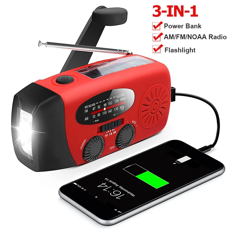 Portable Solar Hand Crank Radio with LED Flashlight