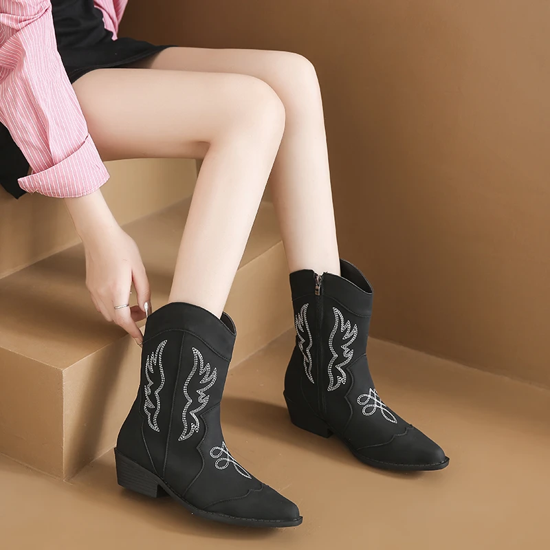 2023 High Quality Shoes for Women Zip Women's Boots Fashion Embroidery Daily Boots Women New Pointed Toe Ankle Boots Zapatos