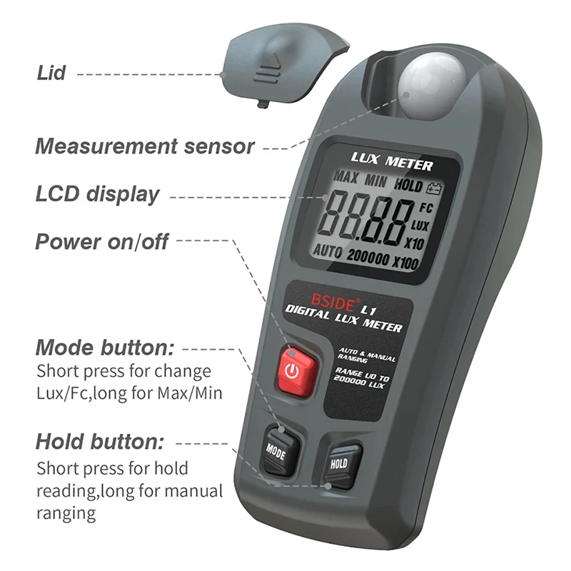 L1 Lux Meter Digital Illuminometer Lux Tester 0.1-200000 Lux/0.01-20000 Fc thumbnail 6