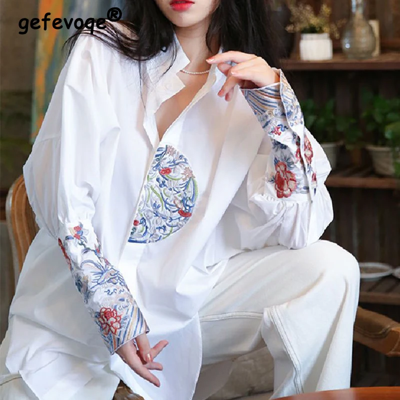 

Spring Summer Chinese Style Vintage Embroidery Loose Casual Blouse Women Stand Collar Long Sleeve Elegantt All-match Shirt Tops