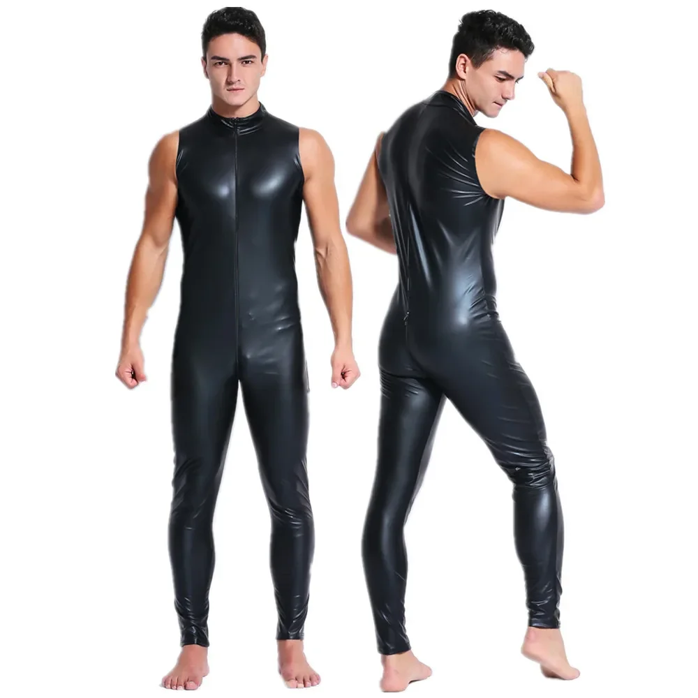 Men Wetlook Faux Leather Double Zipper Open Crotch Pvc Bodysuit Gay Hot Lingerie Latex Catsuit Fetish Wear Sexy Costume men underwear,sexy lingerie