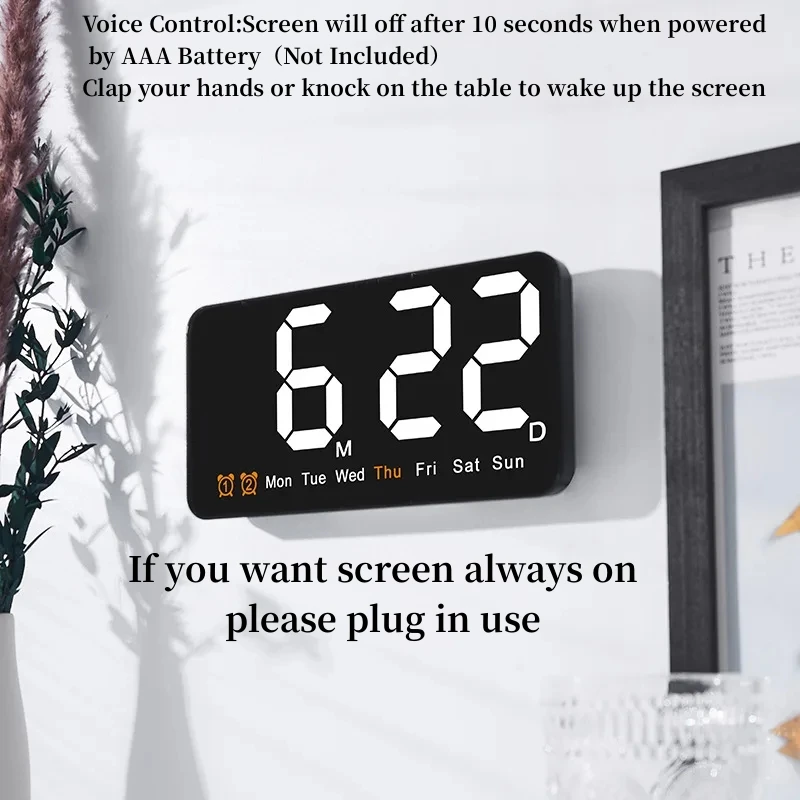 Digital Wall Clock Voice Control Large Digital Wall Clock Temperature Date Week DST Snooze Table Clock 12/24H Dual Alarm Wall-mounted LED