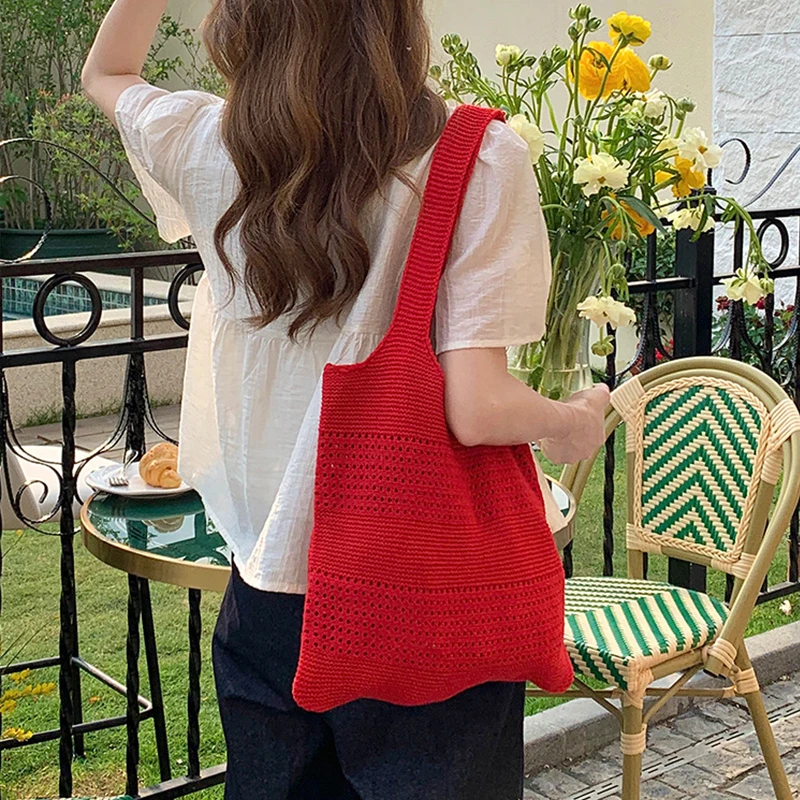 Aesthetic Hollow Out Crochet Bag Large Capacity Shoulder Bag Simple Knitted Shopper Tote Bag For Women