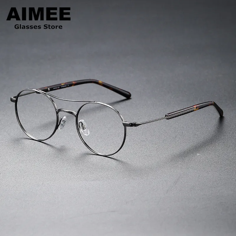 

Japanese Handmade Retro Round Titanium Glasses Frame Ultralight Double Beam Prescription Eyeglasses Men Women Optical Eyewear