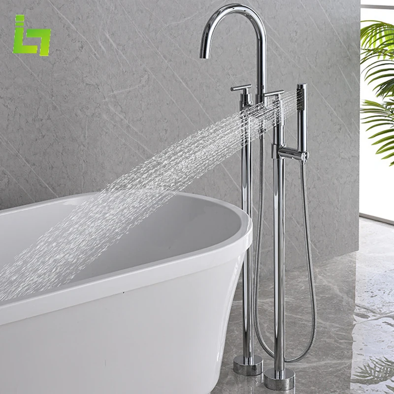 

Chrome Floor Mounted Bathtub Shower Faucet Swivel Waterfall Spout free standing bathroom Crane Bath Shower Mixer Tap