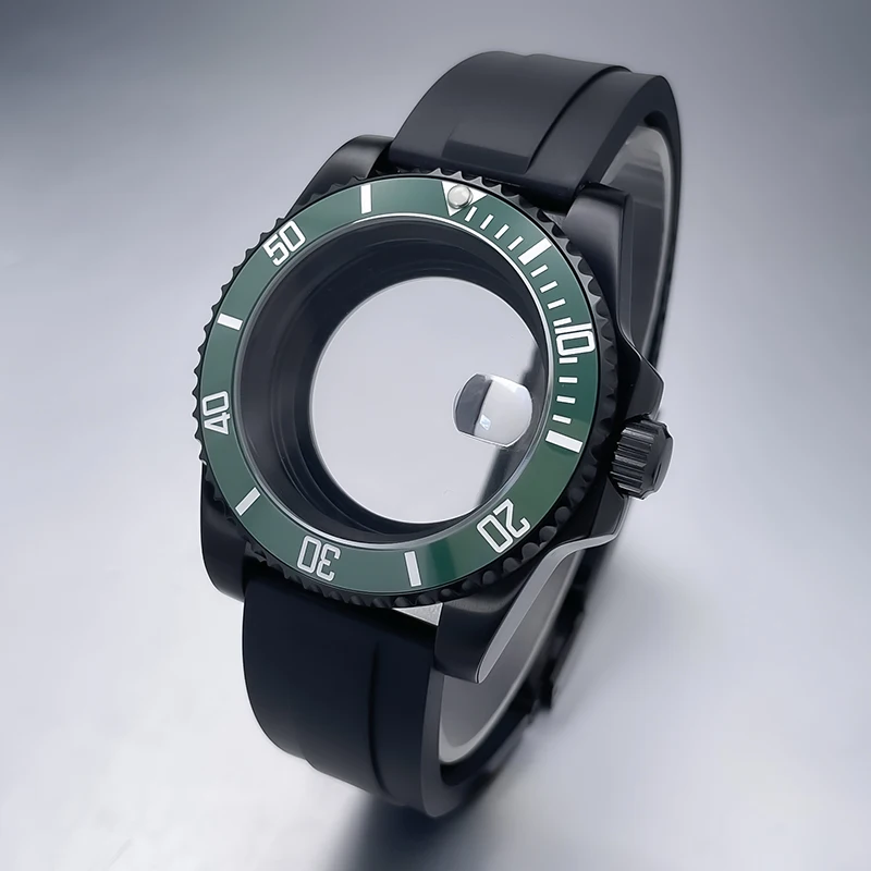 All-Black Sub Style Watch Case with Rubber Strap and Sapphire Crystal