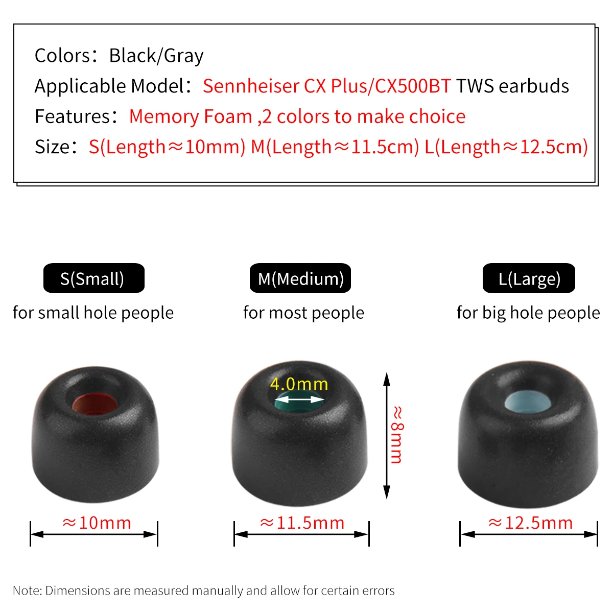 4Pcs Memory Foam Ear Tips for Sennheiser CX Plus/CX500BT Earbuds Eartips MOMENTUM 3/Sport Ture Wireless Earphone Tips 4-5mm