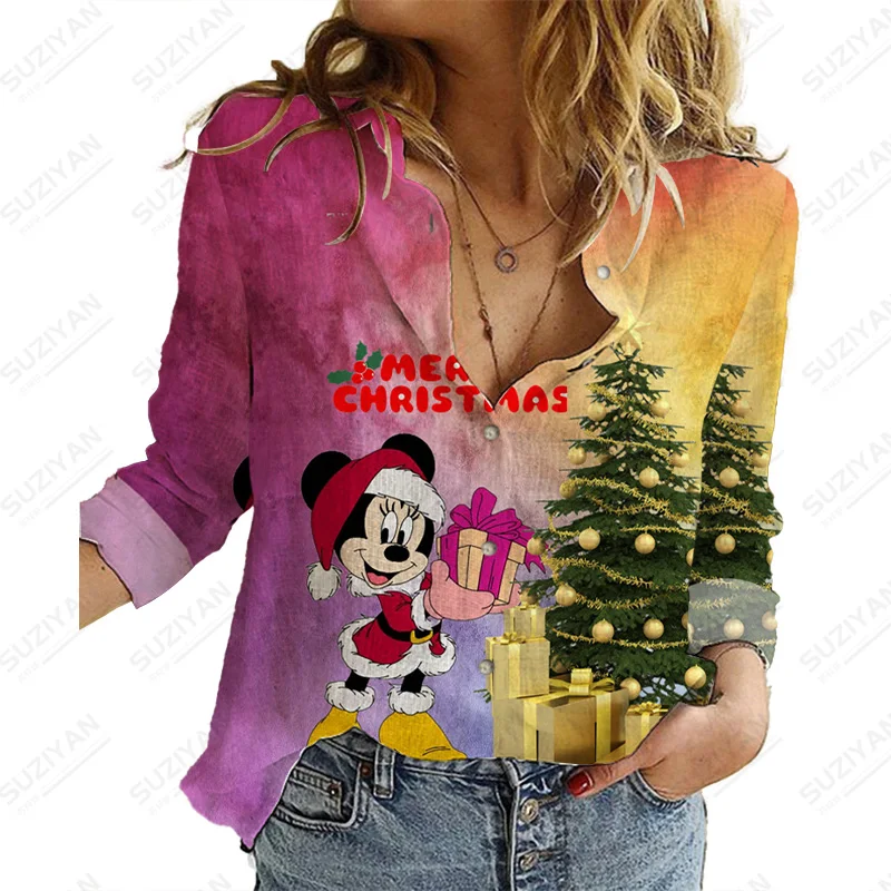 Disney Christmas Casual Shirt Casual Work Wear Camicette Moda Donna Mickey Mouse Temperament Top Casual Top A Maniche Lunghe