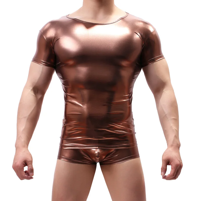 Sexy Men Clothes Set Shiny PU Leather Wet Look Short Sleeve Shirts Stage Nightclub Tops Boxer Shorts Underwear Men Undershirts Men Underwear